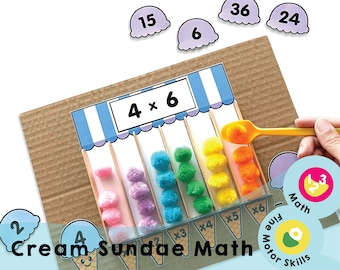 Ice Cream Sundae Math Printable - Multiplication up to 6x6 Learning Activity for Kids - Math Game for Kids for Fine Motor and Number Skills
