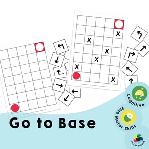 Può includere: Un tabellone di gioco stampabile con cerchi rossi e X nere. Il gioco si chiama "Go to Base". Ci sono anche delle piccole carte con frecce che puntano in direzioni diverse. Il gioco è progettato per aiutare a sviluppare la motricità fine e le capacità cognitive.
