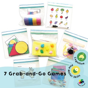 7 juegos para llevar a todas partes: PDF imprimible, solo descarga: kit de aprendizaje portátil, paquetes de juegos de bolsillo para desarrollar habilidades, juegos de viaje para la motricidad fina