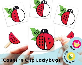 Comptez et clippez les coccinelles à imprimer : jeu de mathématiques amusant pour les enfants | Augmente la reconnaissance des nombres, visualise les additions et améliore la motricité fine.