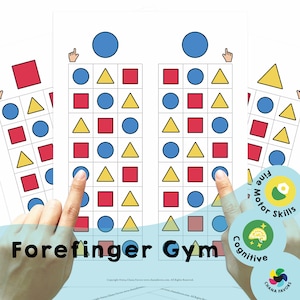 Può includere: Un foglio di lavoro stampabile per i bambini per esercitarsi nelle capacità motorie fini. Il foglio di lavoro presenta una griglia con cerchi, quadrati e triangoli di diversi colori. Il testo "Forefinger Gym" è in fondo alla pagina.