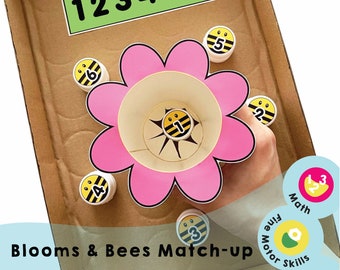 Abbinamento fiori e api stampabili - Gioco didattico con numeri da 1 a 6 per bambini! Sviluppa abilità motorie e numeriche