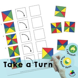 May include: A printable worksheet with a colorful square divided into four sections. The square is rotated in different directions. The worksheet includes five examples of the square and five blank squares for the user to draw the rotated square. The worksheet is titled "Take a Turn" and includes the words "Cognitive Skills" and "Fine Motor Skills".