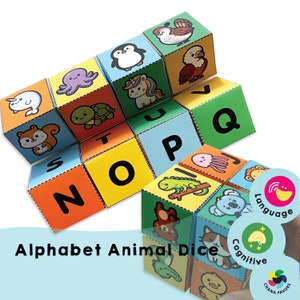 Dados de animales del alfabeto inglés - PDF imprimible - Solo descarga - Aprendizaje para niños - Mejorar el reconocimiento de letras - Recurso de educación en el hogar para preescolares