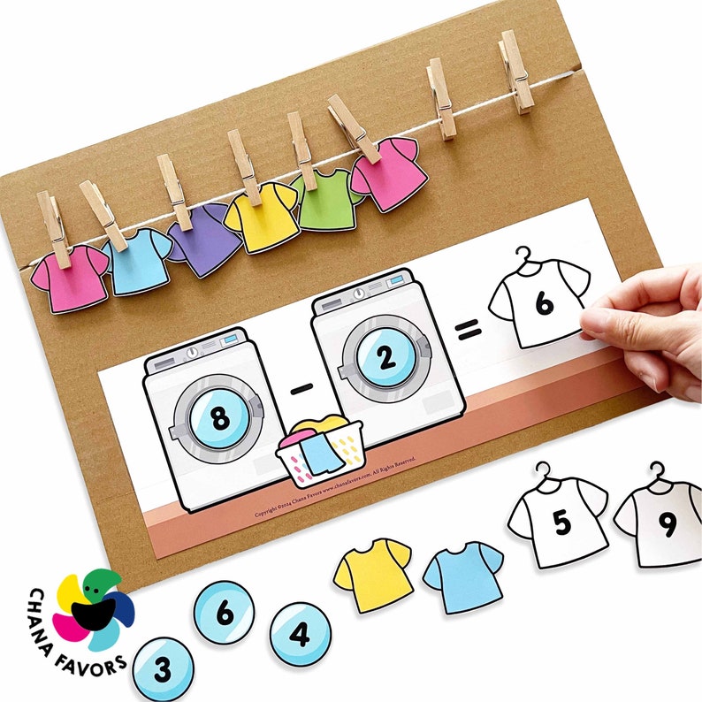 Laundry Line Math Printable Addition Subtraction Game for Kids Fun Learning Activity for Math Fluency Math Game for Kids zdjęcie 5