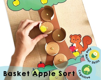 Basket Apple Sort Printable - Colorful Pom Pom Sorting Game - Develop fine motor skills with this engaging DIY game!