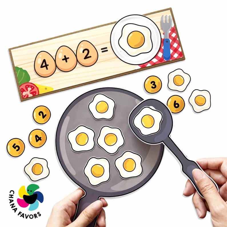 Fried Egg Math Fun Printable Printable Addition and Subtraction Activity Math Game for Kids for Fine Motor and Number Skill Development zdjęcie 3