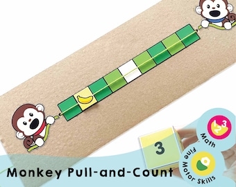 Tira e conta la scimmia - Gioco stampabile di abilità motorie e numeriche per bambini. Migliora le prime abilità matematiche in modo divertente.
