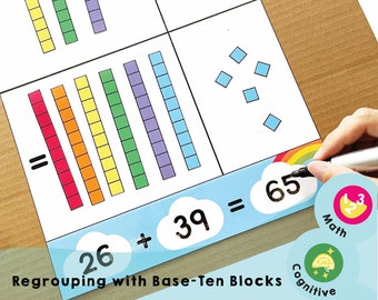 Regroupement avec blocs de base dix imprimables - Apprenez à regrouper facilement ! Addition à deux chiffres avec des blocs de base dix