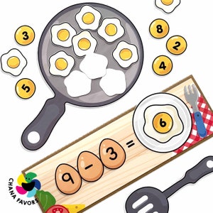 Fried Egg Math Fun Printable Printable Addition and Subtraction Activity Math Game for Kids for Fine Motor and Number Skill Development zdjęcie 4