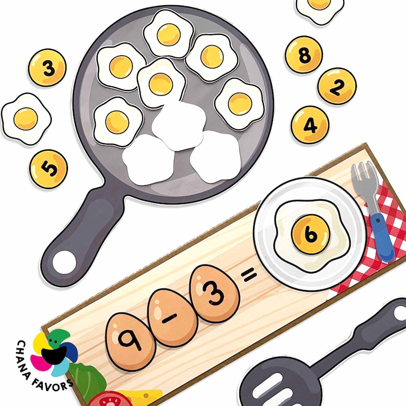 Fried Egg Math Fun Printable Printable Addition and Subtraction Activity Math Game for Kids for Fine Motor and Number Skill Development zdjęcie 4