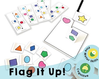 Flag It Up - Gioco stampabile per esercitarsi nelle abilità motorie fini. Disporre le bandiere sui pali secondo le carte modello. Divertimento per bambini e adulti.