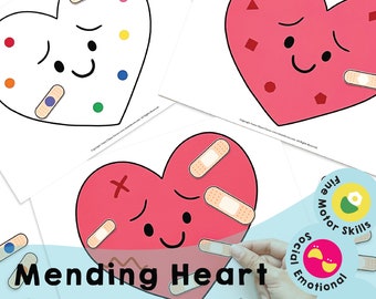 May include: A printable activity for children called "Mending Heart". The activity features three hearts with different expressions and various colorful shapes and bandages. The hearts are designed to help children learn about social and emotional skills.