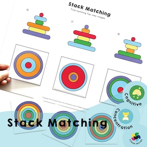May include: A printable worksheet with a stack matching game for kids. The worksheet has three different stacks of colorful circles, and the child must match the top view of the stack to the correct image. The worksheet is labeled "Stack Matching" and includes the text "Find matching top view images."