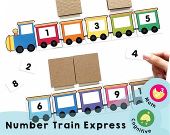 Number Train Express stampabile - Conta e indovina divertente attività di apprendimento per bambini in età prescolare! Sviluppare abilità di sequenziamento dei numeri.