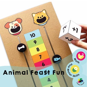 Może przedstawiać: Kolorowa plansza do gry z tektury z linią liczbową, postaciami zwierząt i kostkami. Gra nazywa się "Animal Feast Fun" i zawiera ćwiczenia matematyczne i motoryczne.