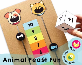 Divertente festa degli animali stampabile - Coinvolgi i bambini in emozionanti giochi con numeri e dadi! Migliora le abilità matematiche con questa attività educativa per divertimento.