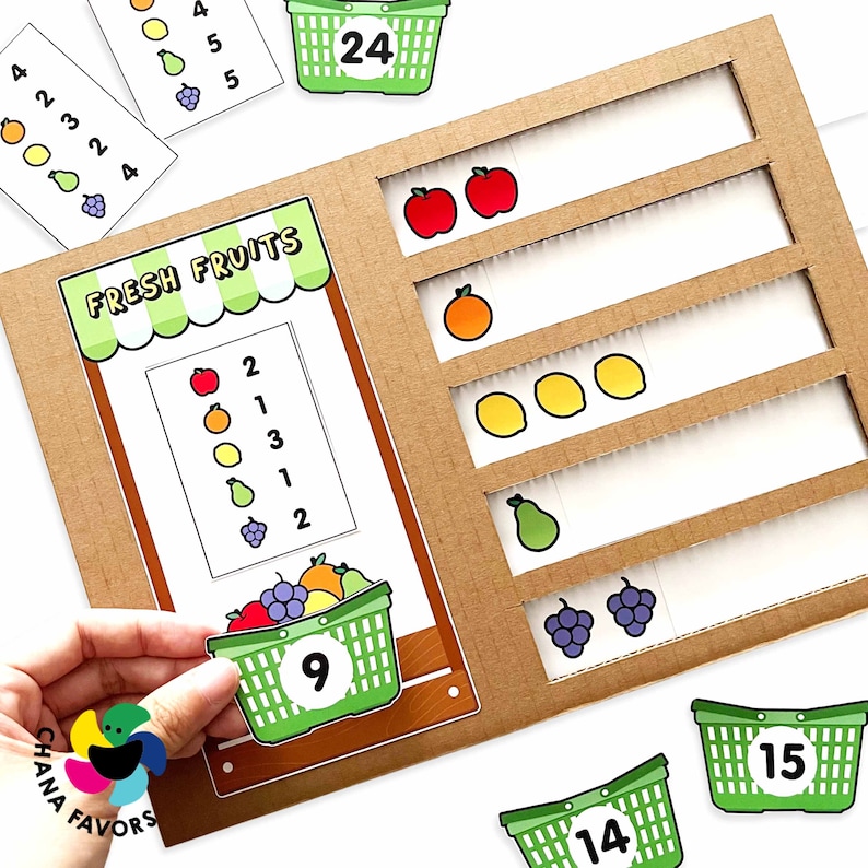 May include: A brown cardboard game board with a green and white fruit stand on the left side. The fruit stand has a sign that says "FRESH FRUITS". There are five shelves on the right side of the board with different fruits on each shelf. There are also several green baskets with numbers on them. The numbers on the baskets are 9, 14, 15, and 24.