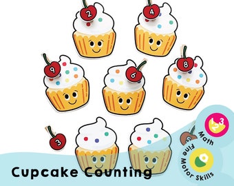 Conteggio dei cupcake: attività matematica stampabile per la scuola materna in età prescolare per aiutare il bambino a visualizzare i numeri e ad associarli alle quantità