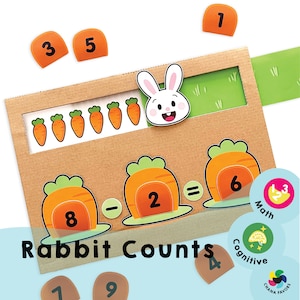 Peut inclure: Un jeu d'apprentissage en carton brun avec un lapin et des carottes. Le jeu présente un problème de mathématiques avec les nombres 8, 2 et 6. Le jeu est intitulé "Rabbit Counts" et comprend les mots "Mathématiques" et "Cognitif".
