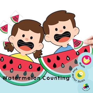 Kids revealing numbers hidden under watermelon slices in a counting and math activity. Printable for instant download by Chanafavors. Available on Etsy store.