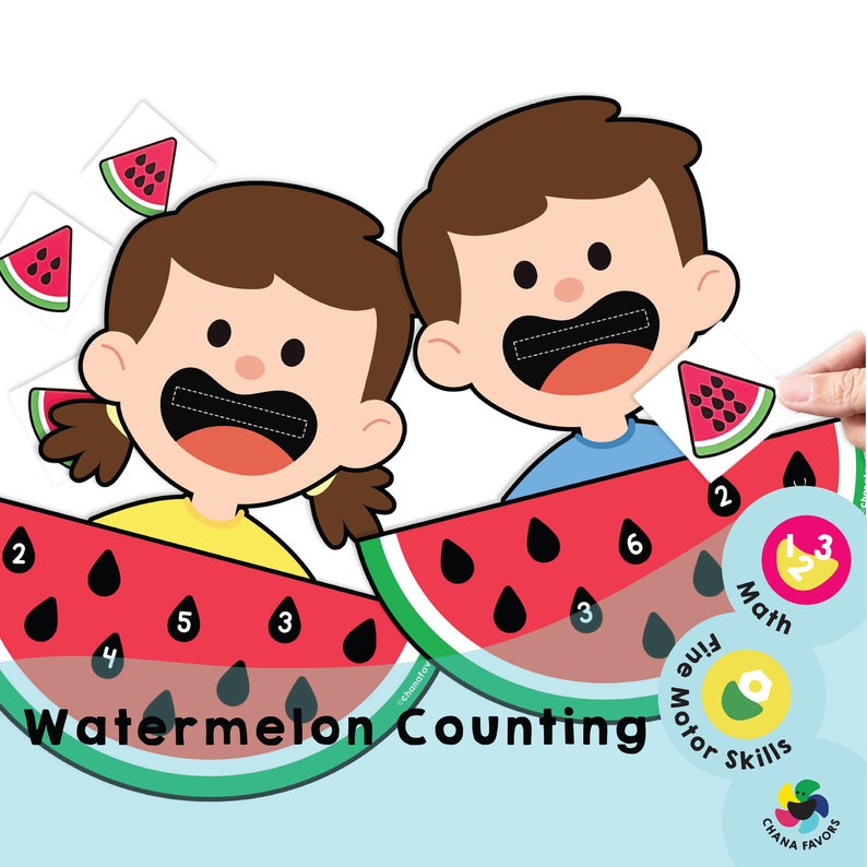 Kids revealing numbers hidden under watermelon slices in a counting and math activity. Printable for instant download by Chanafavors. Available on Etsy store.