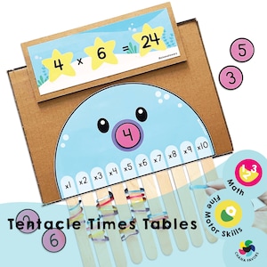 Puede incluir: Un pulpo de cartón azul y blanco con una nariz rosa y el número 4 en él. El pulpo tiene 10 tentáculos con los números del 1 al 10 en ellos. El pulpo se utiliza para aprender la multiplicación. La imagen también incluye una tarjeta con la ecuación 4 x 6 = 24 y algunos círculos coloridos con números en ellos.
