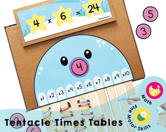 Tables de multiplication des tentacules imprimables - Multiplication jusqu'à 10 - Jeu de mathématiques pour enfants pour le développement de la motricité fine et des nombres