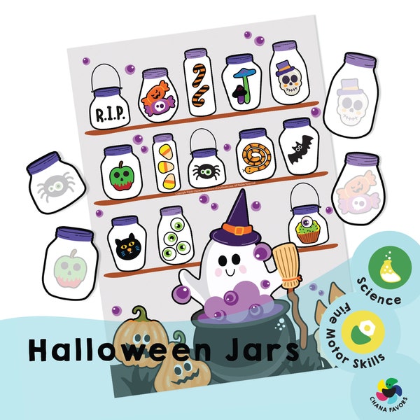 Halloween Jars - Printable preschool Halloween activity to show the properties of transparent objects, encourage children's finger movements