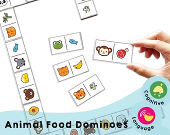 Domino con cibo per animali: attività stampabili per bambini per allenare il cervello con rapidità di pensiero, pianificazione e organizzazione ed espandere il vocabolario