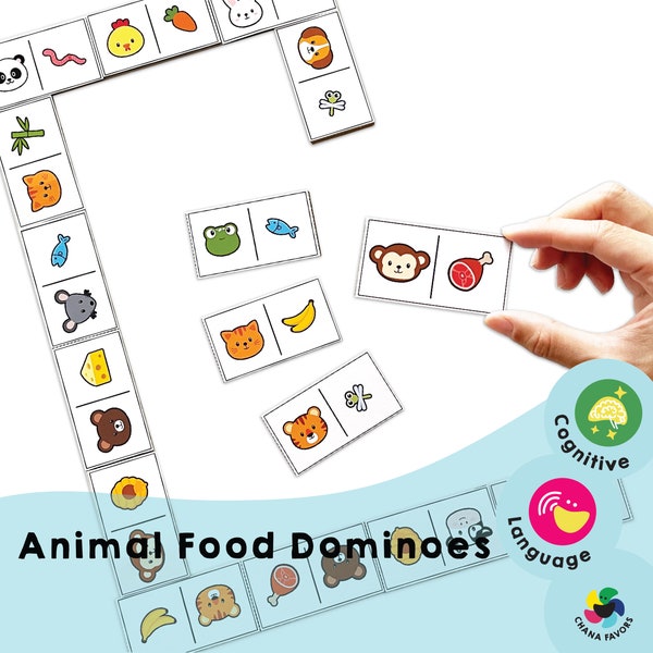 Animal Food Dominoes -Printable kids activities to train the brain with quick thinking, planning and organizing, and expand vocabulary