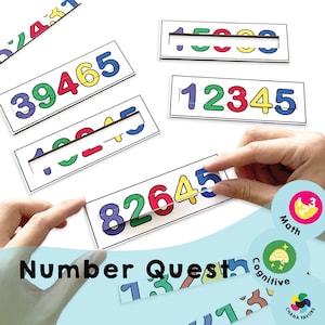May include: A set of colourful number puzzle cards for children. The cards have a cut-out section where children can place the corresponding number tiles. The cards feature the numbers 1, 2, 3, 4, 5, 6, 7, 8, 9, and 0. The cards are labelled "Number Quest" and have icons for maths and cognitive skills.