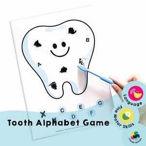 Juego del alfabeto en inglés sobre los dientes: PDF imprimible (solo descarga): recurso de educación preescolar en el hogar para el reconocimiento de letras y la fuerza de las manos