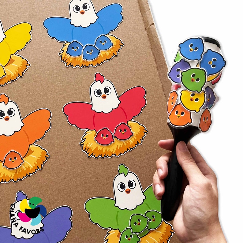 May include: A set of colorful felt craft stickers featuring chicks and hens. The stickers are perfect for adding a touch of whimsy to crafts, cards, and other projects.
