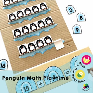 May include: A penguin math game for kids. The game features a cardboard board with penguins, igloos, and numbers. The game is designed to help kids learn to count and add numbers.