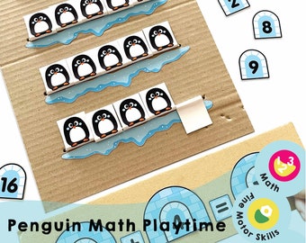 Tiempo de juego de matemáticas de pingüino imprimible - ¡Alegría de aprender números! Mejore sus habilidades para contar y haga que las matemáticas sean divertidas con esta actividad de suma y resta.