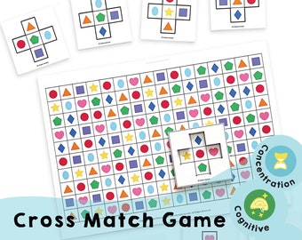 Cross Match Game: juego de combinación de formas imprimible para animar a los niños a concentrarse y utilizar la memoria de trabajo para comparar similitudes y diferencias.