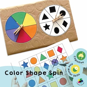 May include: A color wheel and a shape spinner with a clothespin on each. A grid with different colored circles, squares, triangles, and stars. The text "Color Shape Spin" is written below the grid. The text "Cognitive Skills", "Fine Motor Skills", and "Chana Favors" is written on the right side of the image.
