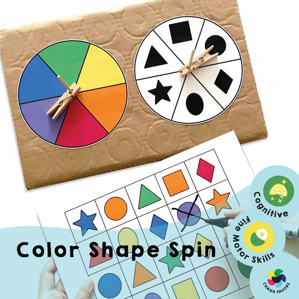 Farbe Form Spin Printable | Lustige Spiele für Kinder und jedermann | Verbessern Sie die kognitiven Fähigkeiten und die feinmotorische Entwicklung