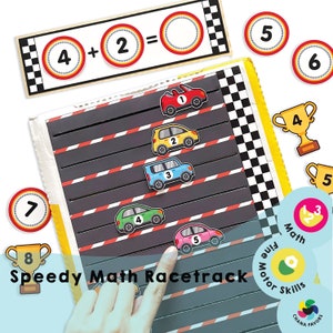 May include: A colourful maths game for kids featuring a racetrack with cars numbered 1 to 5. The game includes a number of colourful circles with numbers 1 to 8, a trophy, and a maths problem: 4 + 2 = . The game is designed to help children learn maths skills and develop fine motor skills.