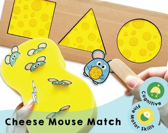 Cheese Mouse Match Imprimible - Juego de reconocimiento de formas para niños / ¡Mejora la motricidad fina y las habilidades de reconocimiento de formas!