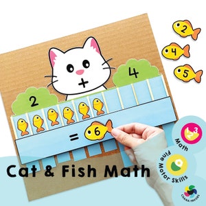 Cat & Fish Math Printable featuring cute cat and fish characters, addition and subtraction up to 10, perfect for preschoolers and homeschooling. Printable for instant download by Chanafavors. Available on Etsy store