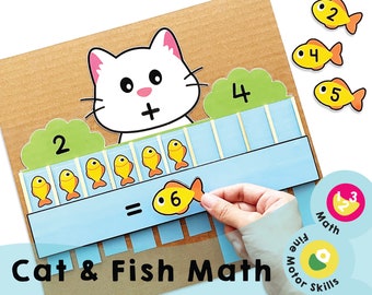 Chat et poisson à imprimer - Additions et soustractions jusqu'à 10 - Amusement préscolaire à la maison pour visualiser et résoudre les premiers calculs mathématiques