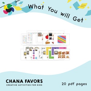 May include: A set of 20 printable PDF pages with creative activities for kids. The pages feature colorful illustrations and activities such as drawing, coloring, and matching.