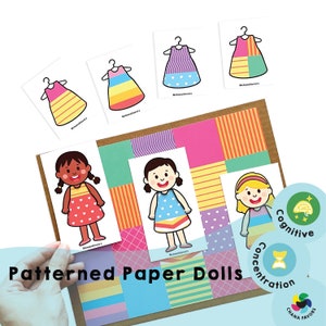 Può includere: Un set di bambole di carta con motivi con abiti e motivi di diversi colori. Le bambole sono su uno sfondo di quadrati di carta con motivi colorati. Il testo "Concentrazione cognitiva" è su un cerchio blu con una clessidra gialla e un'icona del cervello. Il testo "Chana Favors" è su un cerchio arcobaleno.