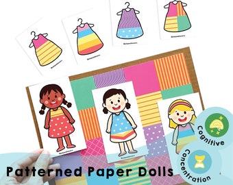 Peut inclure: Un ensemble de poupées en papier à motifs avec des robes et des motifs de différentes couleurs. Les poupées sont sur un fond de carrés de papier à motifs colorés. Le texte "Concentration cognitive" est sur un cercle bleu avec un sablier jaune et une icône de cerveau. Le texte "Chana Favors" est sur un cercle arc-en-ciel.