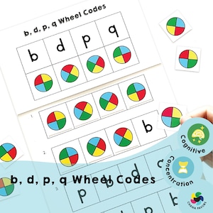 Códigos de las ruedas b, d, p y q - PDF imprimible - Solo descarga - ¡Juegos mentales para ayudar a distinguir letras reflejas y relacionarlas con ruedas de colores!