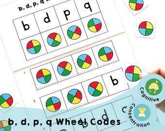 b, d, p, and q Wheel Codes - Printable brain games to help players distinguish reflex letters and decipher into corresponding color wheels