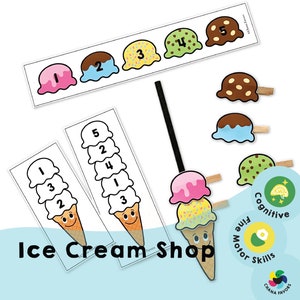 アイスクリームショップ - 印刷可能な PDF - ダウンロードのみ - 子供が基本的なスキルを身に付けるためのゲーム - 親、教師、保護者に最適