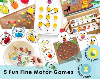 May include: A collection of fine motor skill games for children. The image shows various activities, including matching, pegboards, and puzzles. Colorful illustrations of animals, vegetables, and cats are featured. The text "5 Fun Fine Motor Games" is visible.